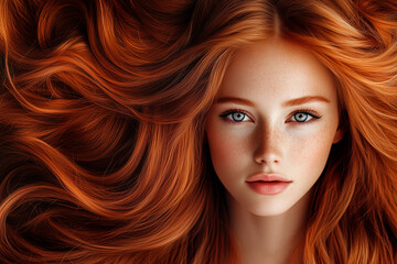 Obraz premium Beautiful young woman with healthy long silky ginger hair. Beauty young woman with luxurious long ginger hair as a background. Beautiful ginger hair for advertising hair products.