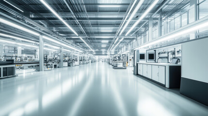 A modern factory hall with white and gray colors, a white floor and ceiling, high ceilings, clean lines, large industrial machines in the background