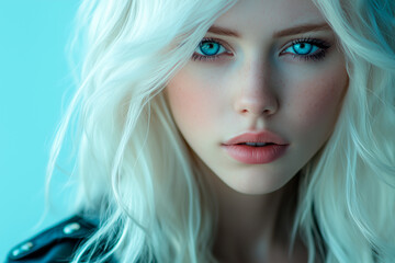 Fototapeta premium Close up portrait of fashion beautiful stylish blonde woman with blue eyes and fresh makeup. Beauty portrait.