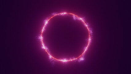 Abstract glowing pink glowing portal of swirling particles on dark purple background.