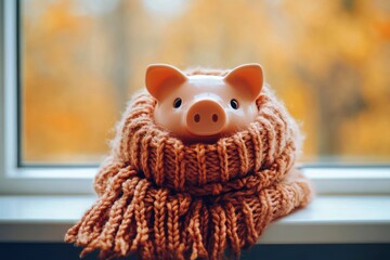 Piggy Bank with Knitted Scarf on Radiator for Winter Heating Costs