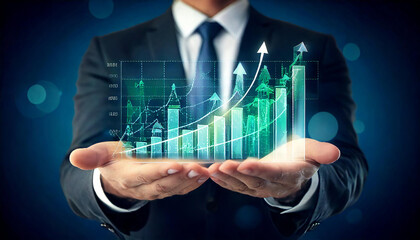 economy growth and investment concept; businessman hands showing growing graphs