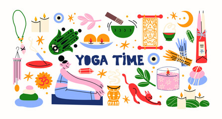 Yoga stickers. Healthy lifestyle, sports, meditation, relax and practice.Girl mascot characters. Cartoon vector collection activity mascot
