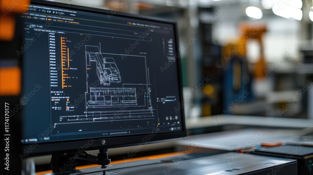 Poster modern computer displaying cad software designing industrial automation process inside a factory, sh