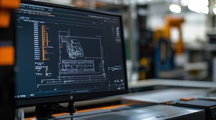 Modern computer displaying cad software designing industrial automation process inside a factory, showcasing the integration of technology in manufacturing