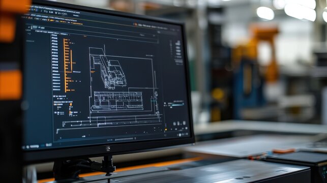 Modern computer displaying cad software designing industrial automation process inside a factory, showcasing the integration of technology in manufacturing