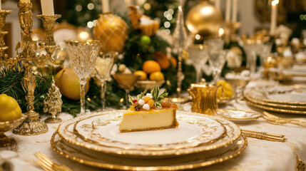 Elegant Christmas dessert on a gold-trimmed plate, set on a lavishly decorated table.