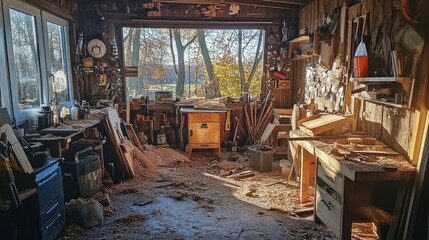 A woodworking hobby setup with sawdust, tools, and a wooden project in progress.