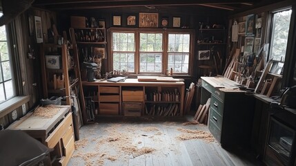 A woodworking hobby setup with sawdust, tools, and a wooden project in progress.