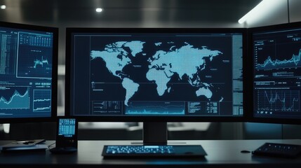 Naklejka premium A workspace showing market volatility graphs on a computer screen with a clean background.