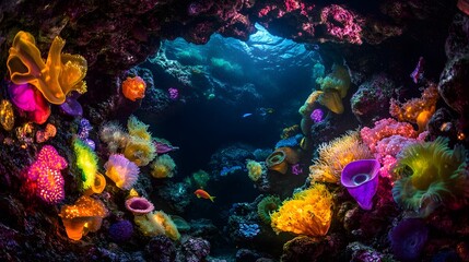 Fototapeta premium A vibrant underwater cave illuminated by bioluminescent plants and glowing marine life