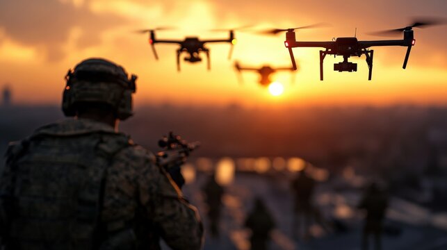 A captivating image of military personnel preparing for action as drones hover in the golden light of sunset, symbolizing modern warfare and the integration of technology in combat.