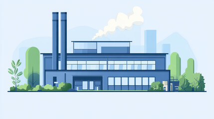 Naklejka premium Flat vector illustration of an industrial building with smokestacks and greenery, simple flat style, industrial factory, blue color scheme