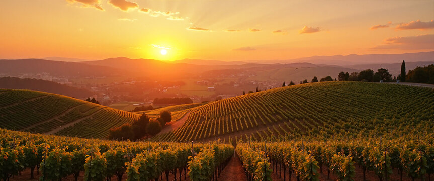 Sunset Over Lush Vineyards Creating a Peachy Atmosphere with Golden Rays Illuminating Scenic Hills