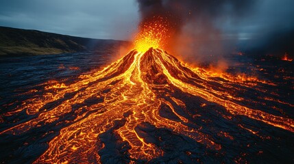 Erupting volcano with flowing lava and ash clouds in a dramatic landscape.