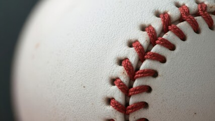 Close-up of red baseball stitching showing intricate lacing pattern, leatherwork, game