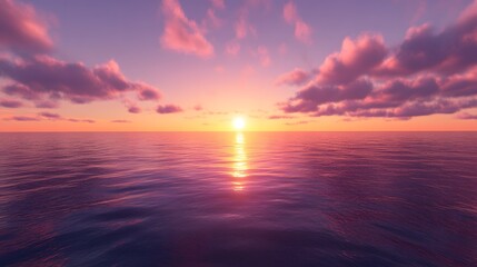 A vibrant view of the sun setting over the ocean, casting vibrant hues of purple, orange, and pink across the sky and reflecting on the calm water below HD, realistic
