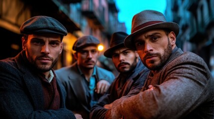 Fototapeta premium This captivating image showcases four men in vintage clothing, exuding a sense of camaraderie and a hint of mystery in a charming old-world street setting illuminated by streetlights.