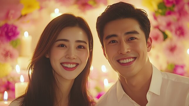 Couple smiling near glowing candles and pink floral arrangements, surreal, overlay, party setup - Powered by Adobe