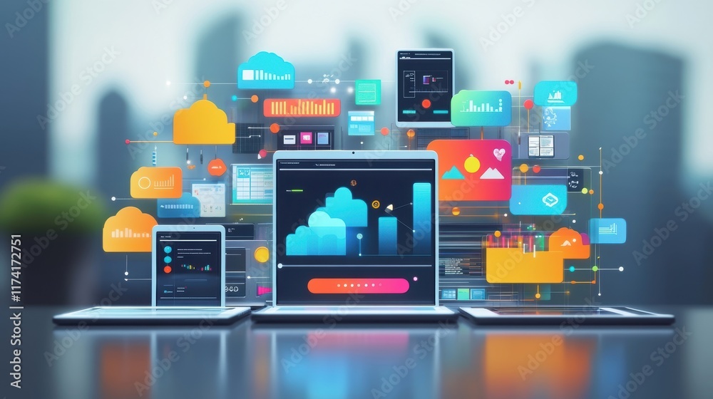 Poster cloud computing network connecting digital devices, featuring a vibrant data management interface wi
