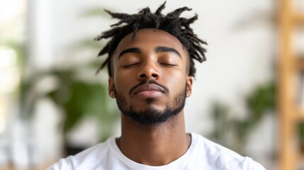 Young man with dreadlocks practicing mindfulness and meditation in a serene indoor environment surrounded by greenery to promote relaxation and peace of mind