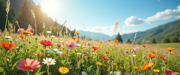 Fototapeta premium Vibrant Wildflower Meadow Bathed in Golden Sunlight Symbolizing Tranquility and Natural Beauty with Majestic Mountains in the Background