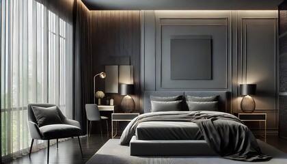 Minimalist Bedroom Interior with Empty Frame