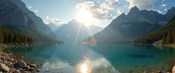 Dramatic mountain landscape with serene lake reflecting sunflare and clouds, evoking tranquility and awe, surrounded by lush greenery and rocky formations
