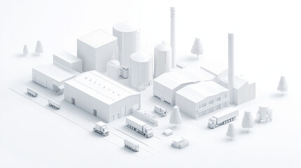 3D rendering of white modern factory area with parked logistics vehicles