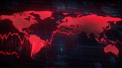 Global Economic Crisis Downturn Trend Visualization with Red Graph on World Map
