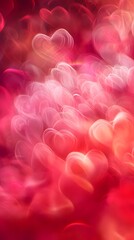 Obraz premium A romantic background of softly blurred hearts in shades of red and pink, leaving space for text in the center