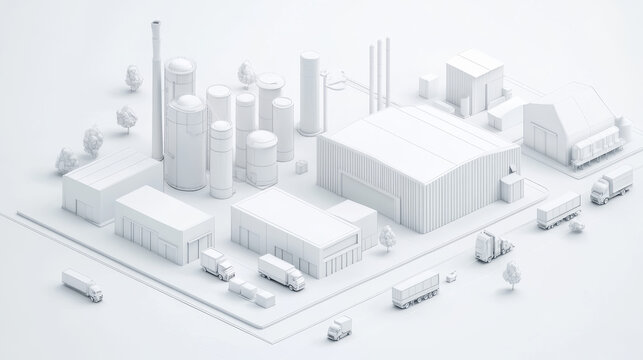 3D rendering of white modern factory area with parked logistics vehicles