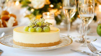 Elegant green grape cheesecake on a table setting.