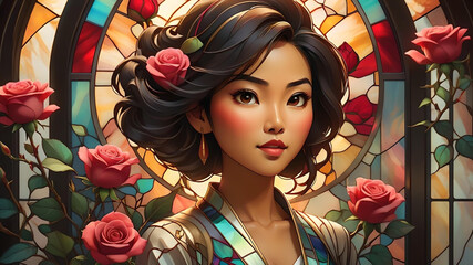 Valentine's Day Portrait:  Asian woman with hearts, roses, and stained glass style