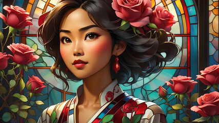 Valentine's Day Portrait:  Asian woman with hearts, roses, and stained glass style