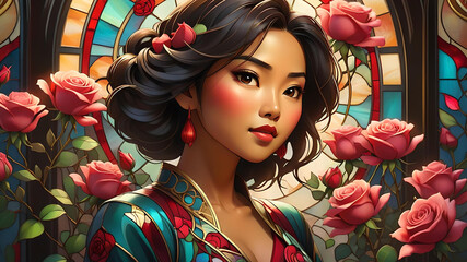 Valentine's Day Portrait:  Asian woman with hearts, roses, and stained glass style