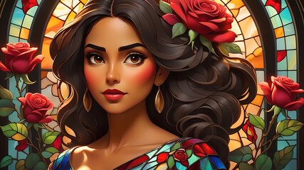 Valentine's Day Portrait:  Hispanic woman with hearts, roses, and stained glass style