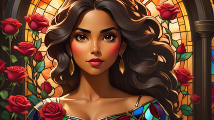 Valentine's Day Portrait:  Hispanic woman with hearts, roses, and stained glass style