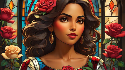 Valentine's Day Portrait:  Hispanic woman with hearts, roses, and stained glass style