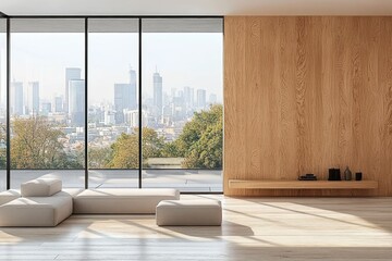 Stylish Modern Living Room with Wooden Panels and City Skyline View