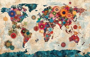 Naklejka premium Colorful floral world map on textured background.