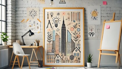 Modern Office Interior with Empty Frame and Window View