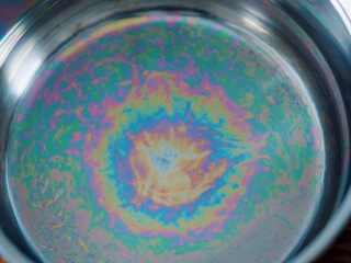Iridescent color spots on the bottom of a stainless steel pan. Light interference in thin films. Concept of optical effects on familiar objects. Visual physics on kitchen household things