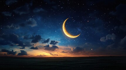 Naklejka premium Crescent moon and stars over a dark landscape at sunset.