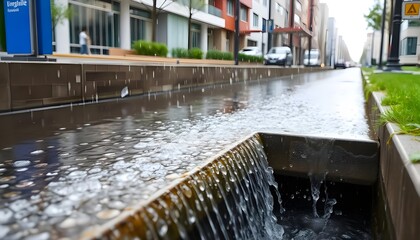 Rainwater flowing into a modern street drainage system, showcasing efficient urban infrastructure and environmental management practices aimed at handling rainfall and promoting sustainability