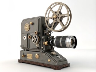 Naklejka premium Vintage Film Projector 3D Render Grey Metal, Brass Accents, Cinematic Concept, Film Reel, Camera Lens Filmmaking, Retro