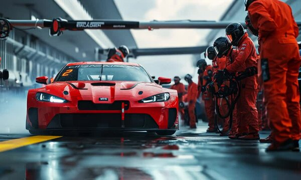 Professional pit crew ready for action as their team's race car arrives in the pit lane during a pitstop of a car race, concept of ultimate teamwork