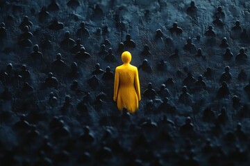 A Unique Figure Standing Out in a Dark Crowd Representing Business Leadership and Individuality