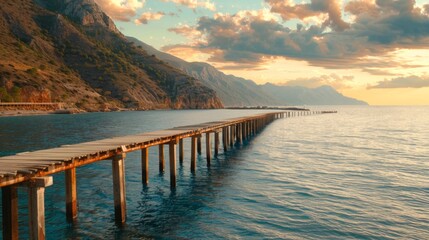Scenic Wooden Pier Extending Into the Sea with Mountain View for Coastal Travel Campaigns