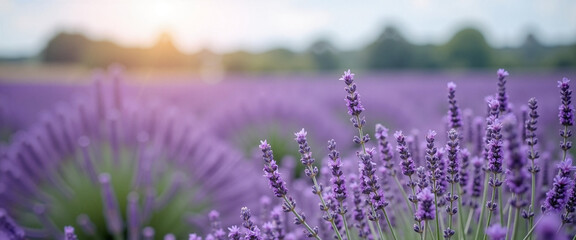 Obraz premium Vibrant Lavender Blossoms in a Peaceful Field Bathed in Soft Sunset Glow